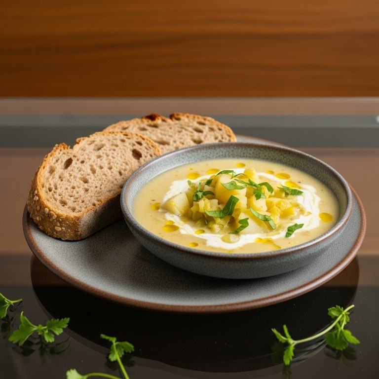 “Delicious Gluten-Free Scottish Lunch: Creamy Leek and Potato Soup with Crusty Gluten-Free Bread”