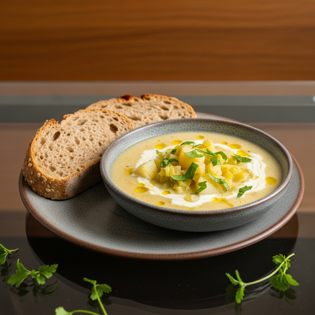 “Delicious Gluten-Free Scottish Lunch: Creamy Leek and Potato Soup with Crusty Gluten-Free Bread”