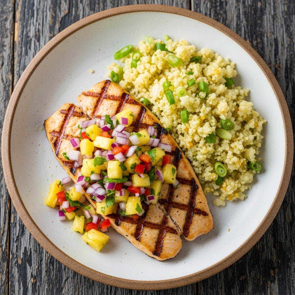 “Delicious Hawaiian Paleo Lunch: Grilled Mahi-Mahi with Pineapple Salsa and Cauliflower Rice”