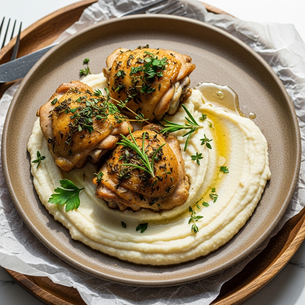 “Delicious Paleo-friendly Polish Lunch: Herbed Chicken Thighs with Creamy Cauliflower Mash”