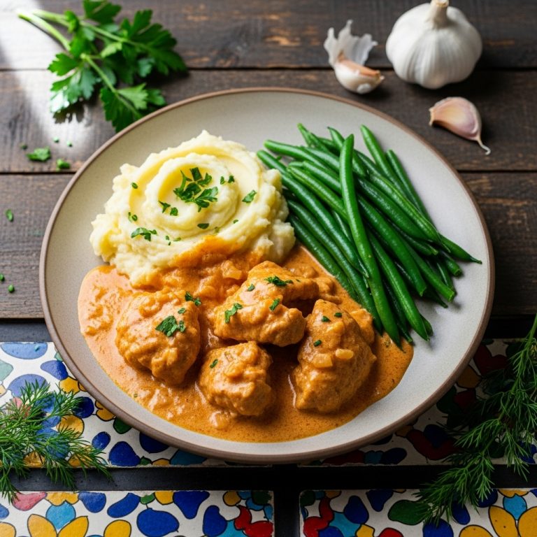 “Delicious Polish Dinner Recipe: Creamy Chicken Paprikash with Garlic Mashed Potatoes and Tender Green Beans”