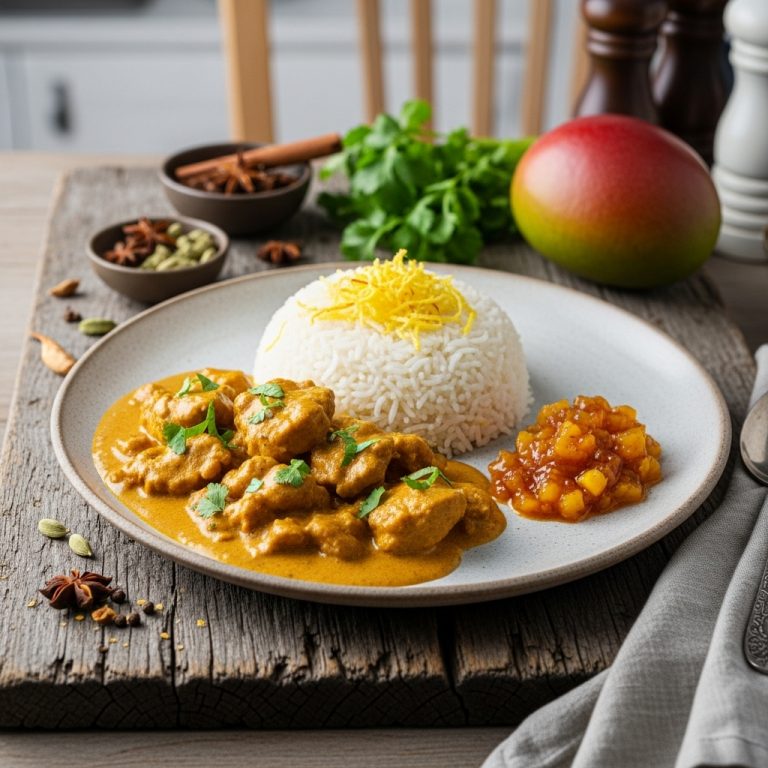 Deliciously Creamy Gluten-Free Chicken Korma with Saffron Rice & Spiced Mango Chutney