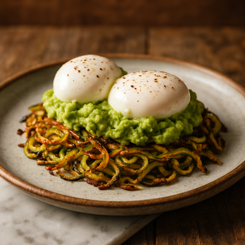 “Delightful Australian Paleo Brunch: Avocado Smashed Eggs on Crispy Zucchini Noodles”