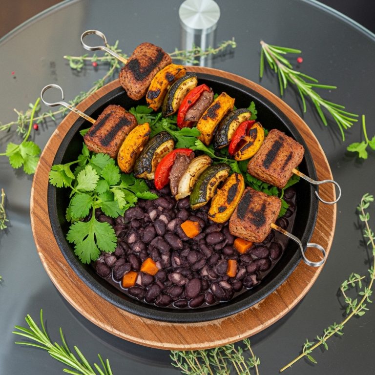 Delightful Brazilian Vegetarian Feijoada Bowl with Sizzling Plant-based Churrasco Skewers