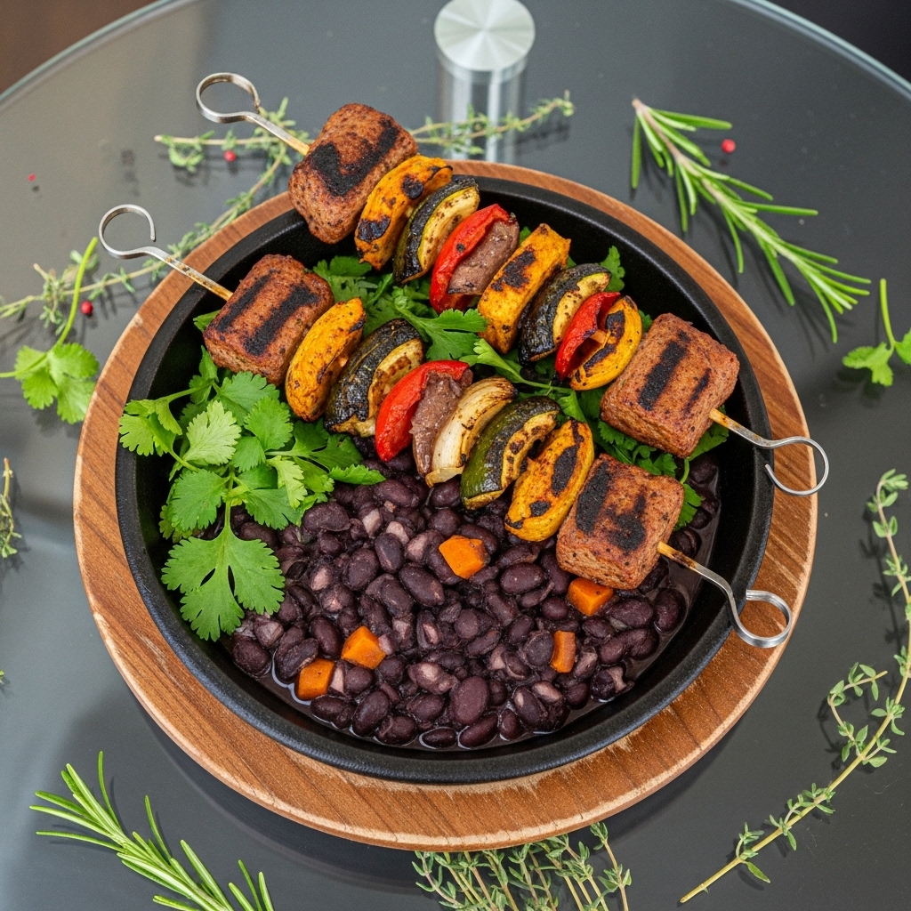 Delightful Brazilian Vegetarian Feijoada Bowl with Sizzling Plant-based Churrasco Skewers