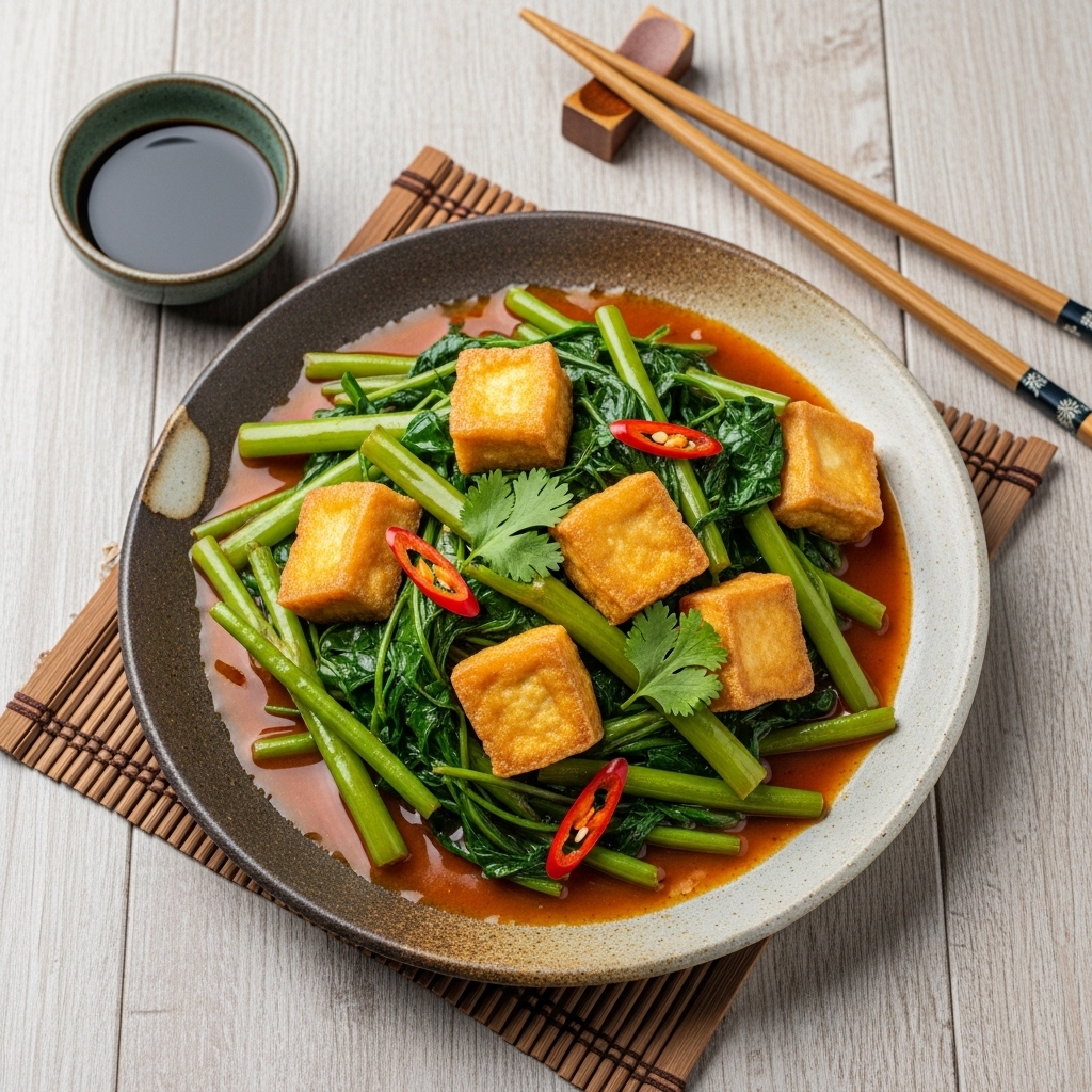 “Delightful Cambodian Vegetarian Lunch: Stir-Fried Morning Glory with Tofu in Spicy Tamarind Sauce”