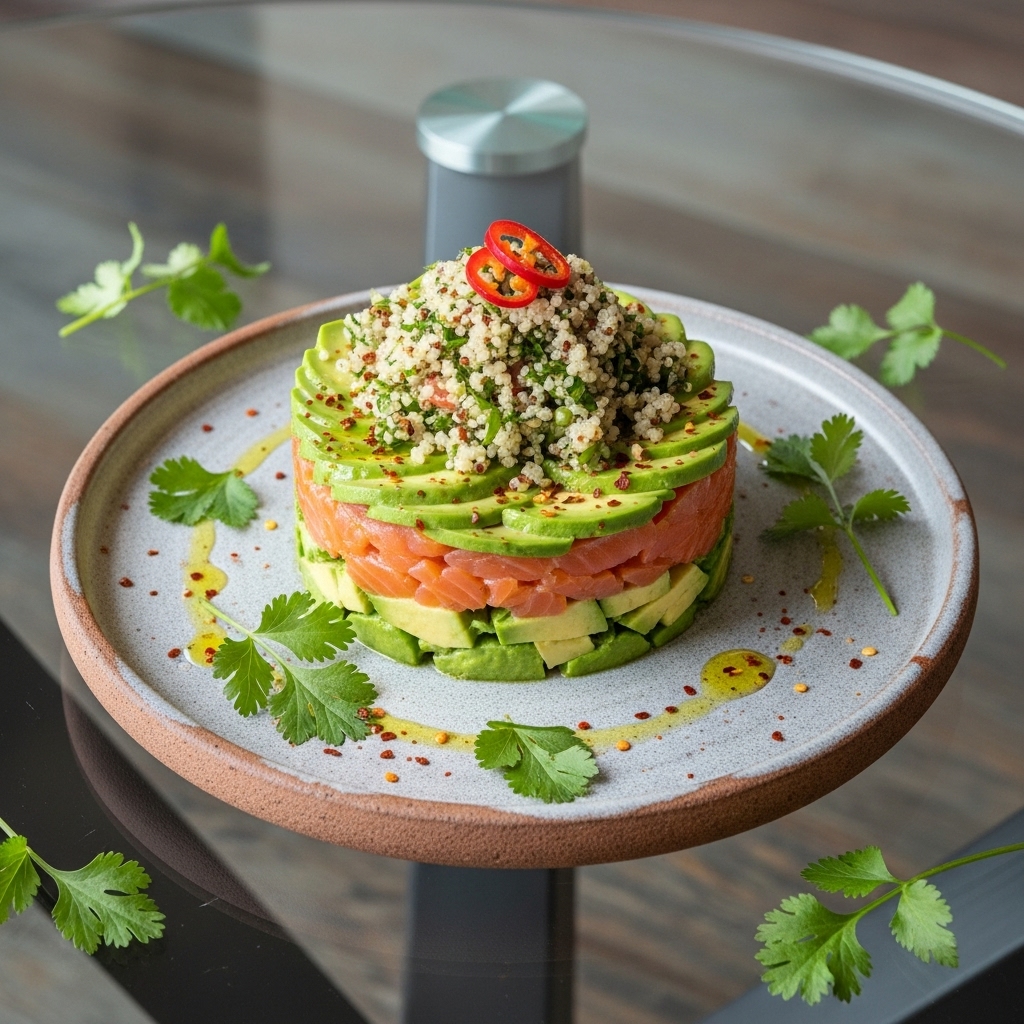 “Delightful Chilean Paleo Breakfast: Avocado & Smoked Salmon Tower With Quinoa”