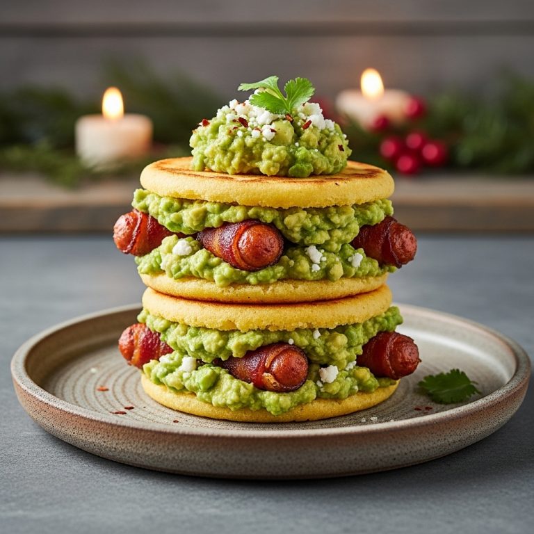 “Delightful Colombian Keto Breakfast: Arepa Stack with AvoCureado and Bacon-Wrapped Chicken Sausage”