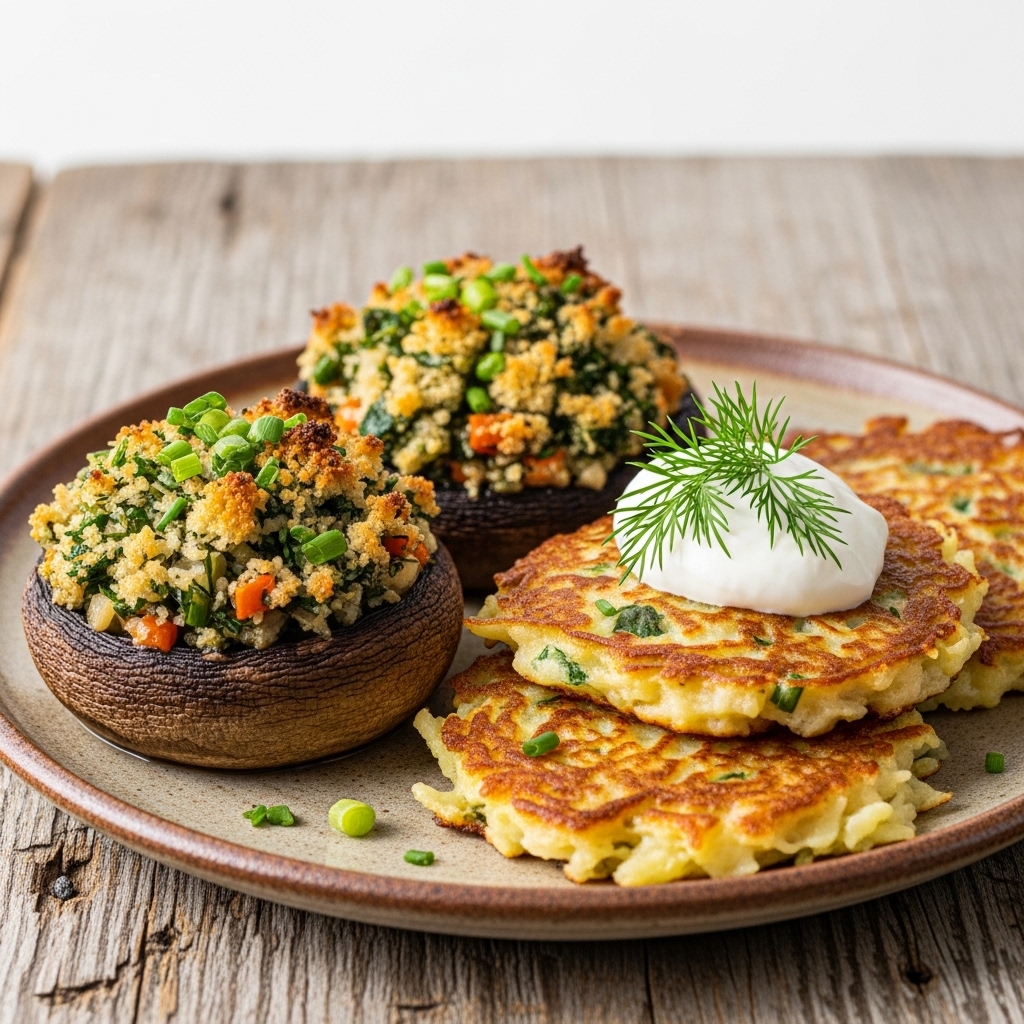 Delightful German Vegan Brunch: Herb-Stuffed Portobello Mushrooms with Creamy Potato Pancakes
