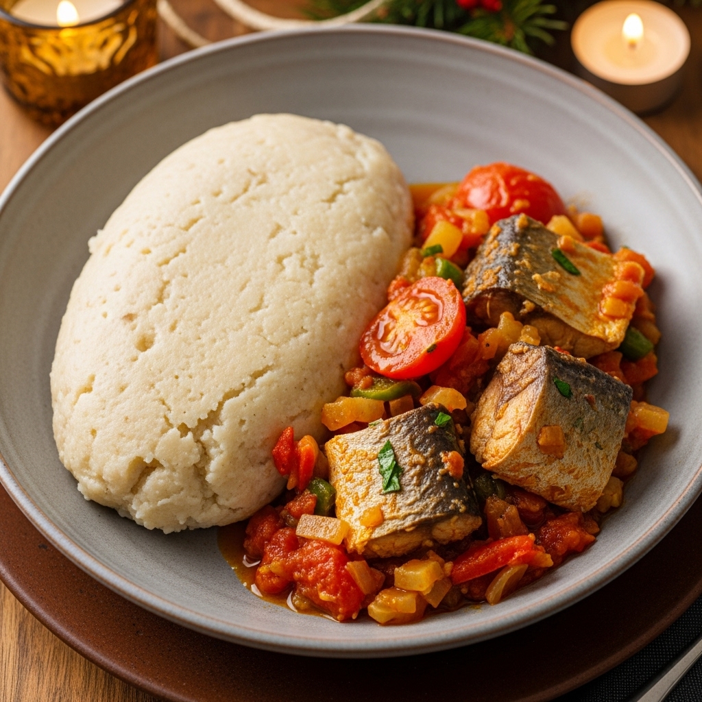 “Delightful Ghanaian Paleo Breakfast Bowl: Fufu and Smoked Fish Stew”