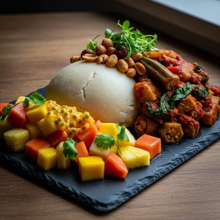 Delightful Ghanaian Vegan Brunch Platter: Fufu with Plant-Based Stew and Tropical Fruit Salad