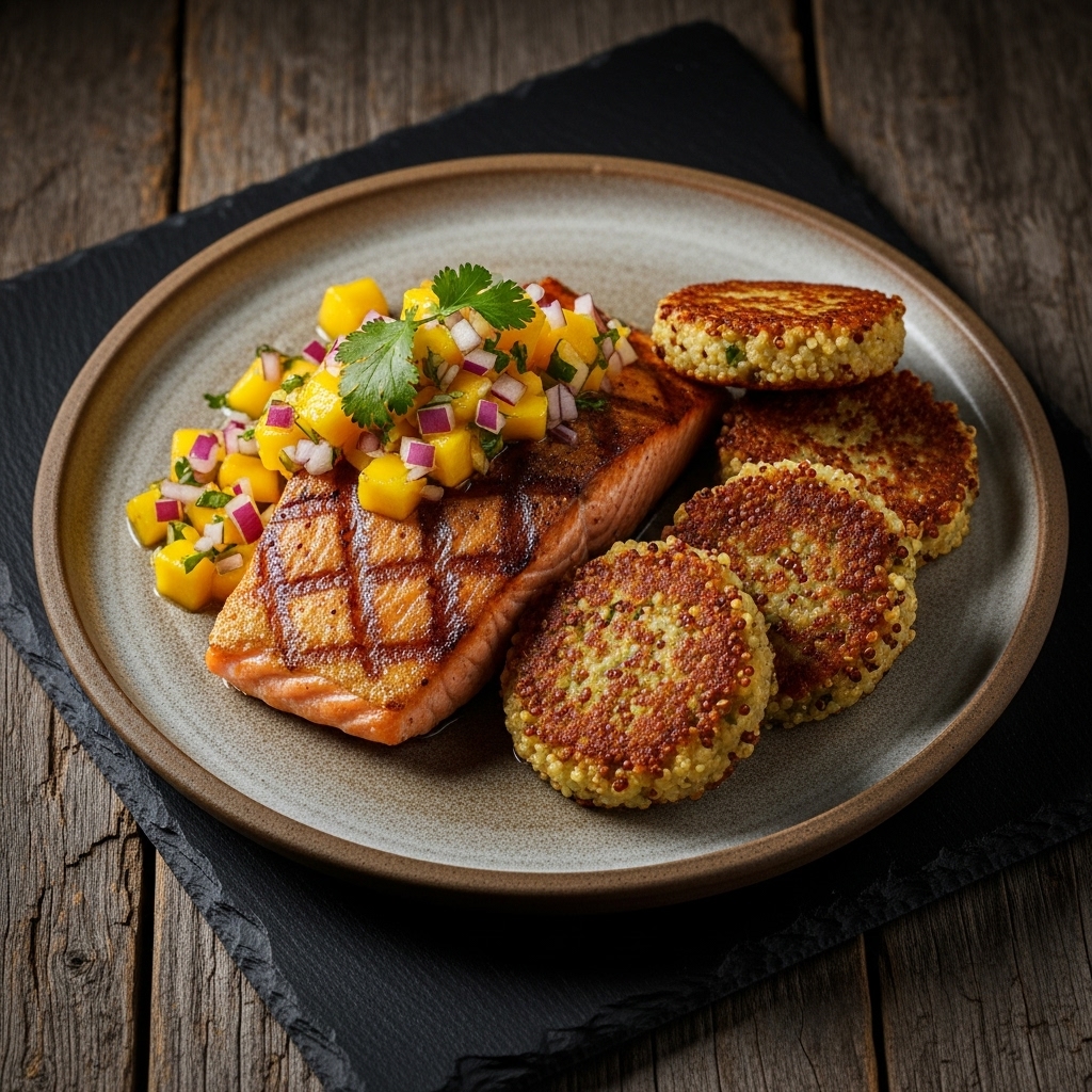 “Delightful Gluten-Free American Lunch: Grilled Salmon with Mango Salsa & Quinoa Fritters”