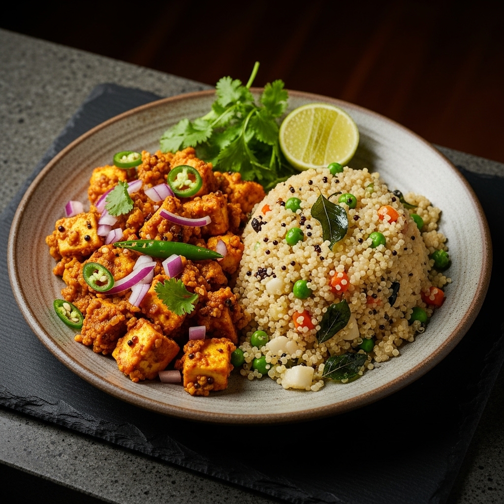 Delightful Gluten-Free Indian Fusion Breakfast: Spicy Paneer Bhurji & Quinoa Upma