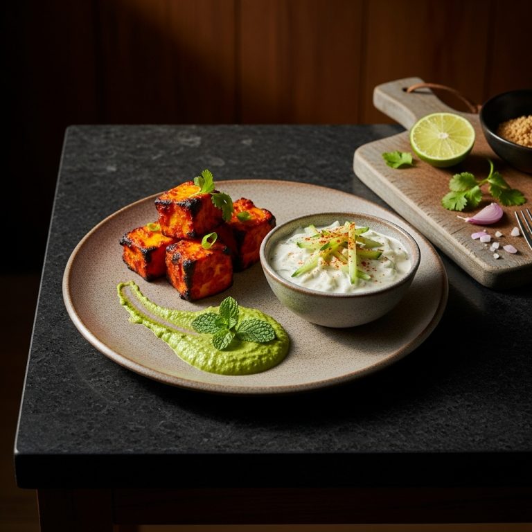 “Delightful Gluten-Free Indian Lunch: Spicy Paneer Tikka With Mint Chutney & Cucumber Raita”