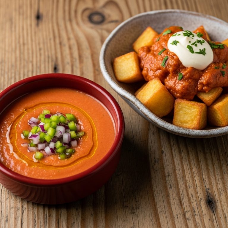 “Delightful Gluten-Free Spanish Tapas: Sensational Patatas Bravas & Zesty Gazpacho Soup”