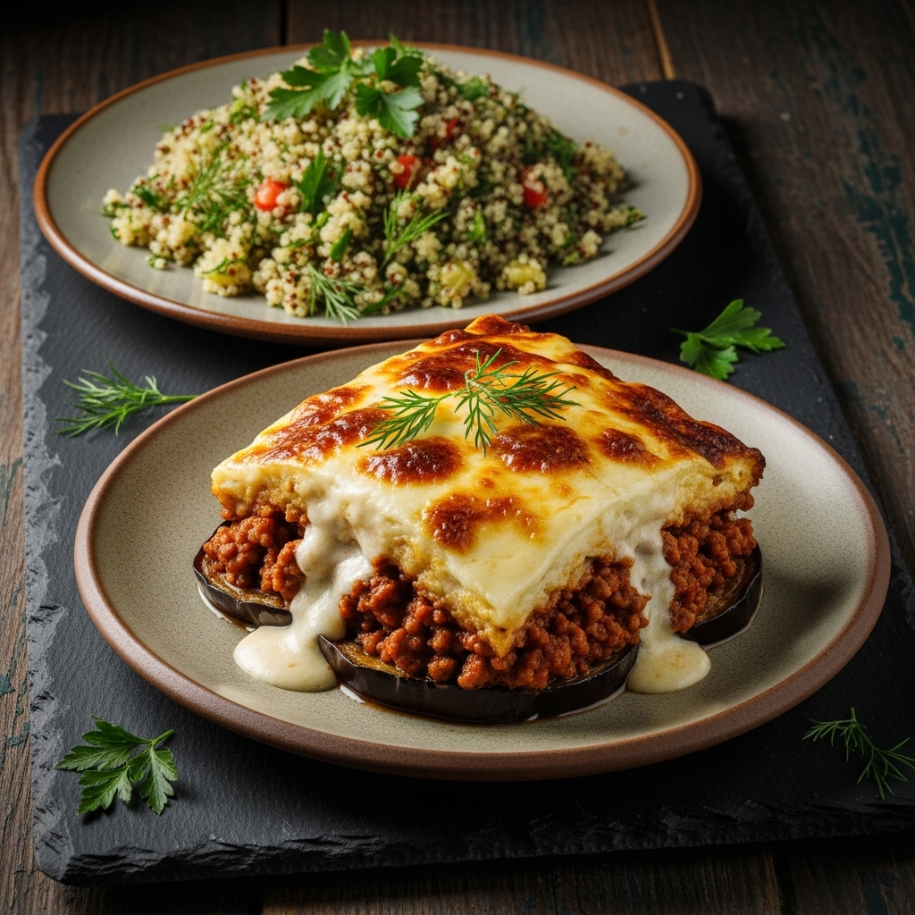 “Delightful Gluten-Free Turkish Dinner: Creamy Moussaka & Herbed Quinoa Pilaf”