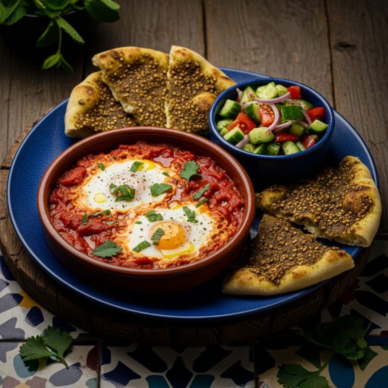 “Delightful Israeli Brunch: Shakshuka with Zaatar Flatbread and Cucumber Salad”