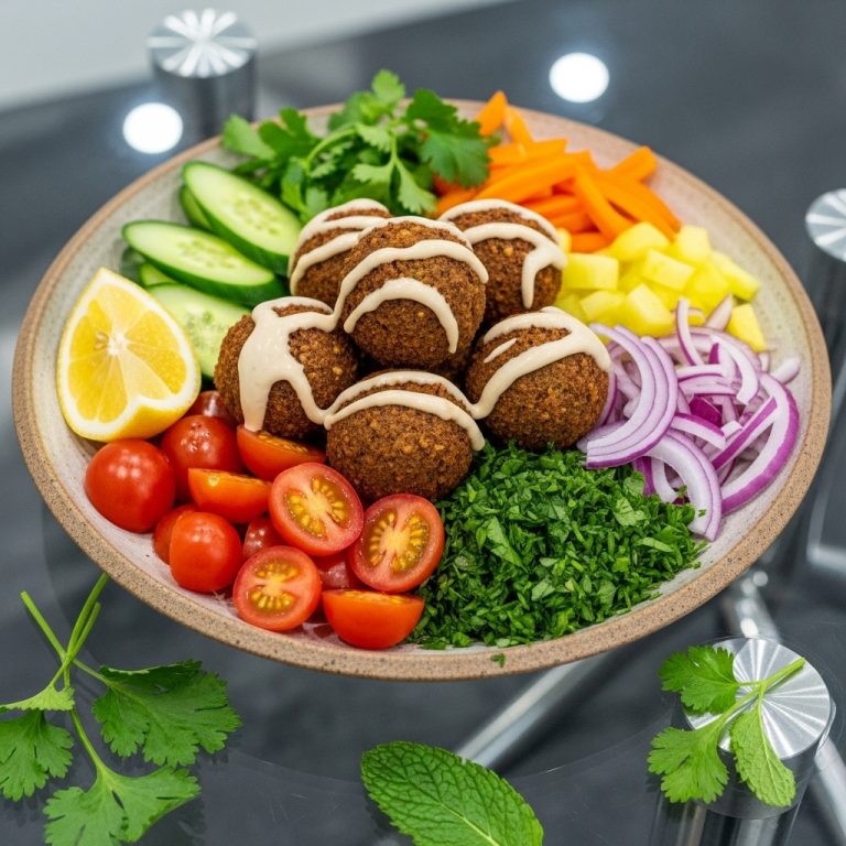 Delightful Israeli Falafel Platter with Tahini Sauce and Fresh Veggies