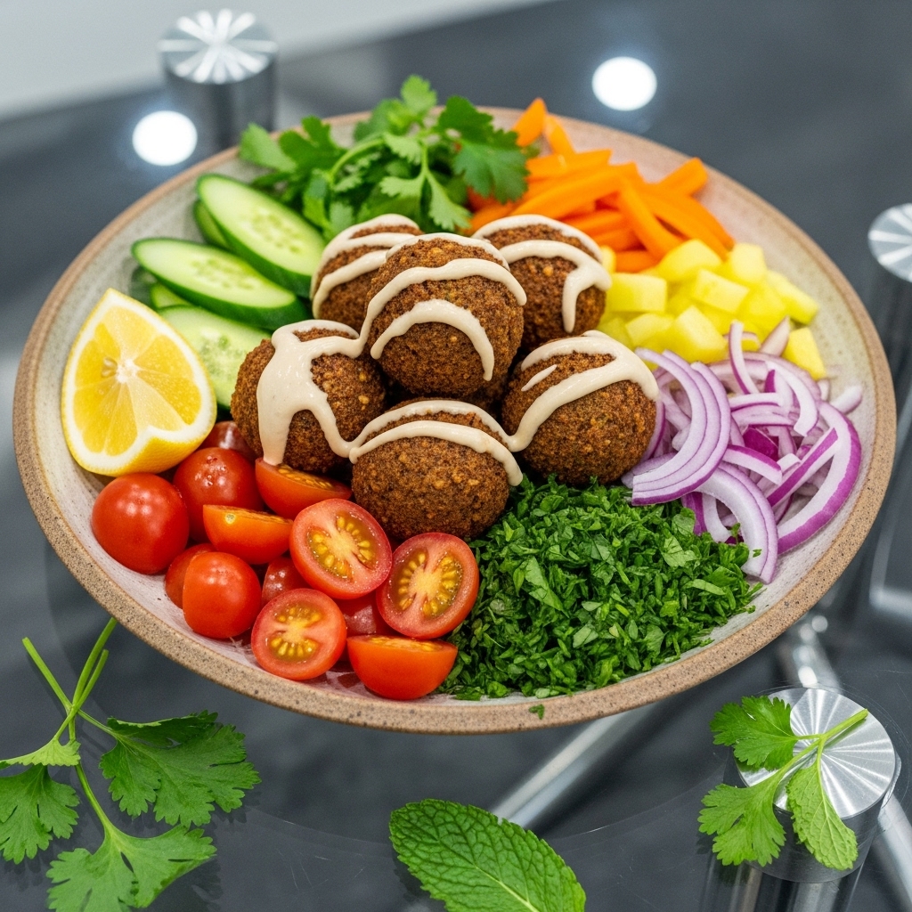 Delightful Israeli Falafel Platter with Tahini Sauce and Fresh Veggies