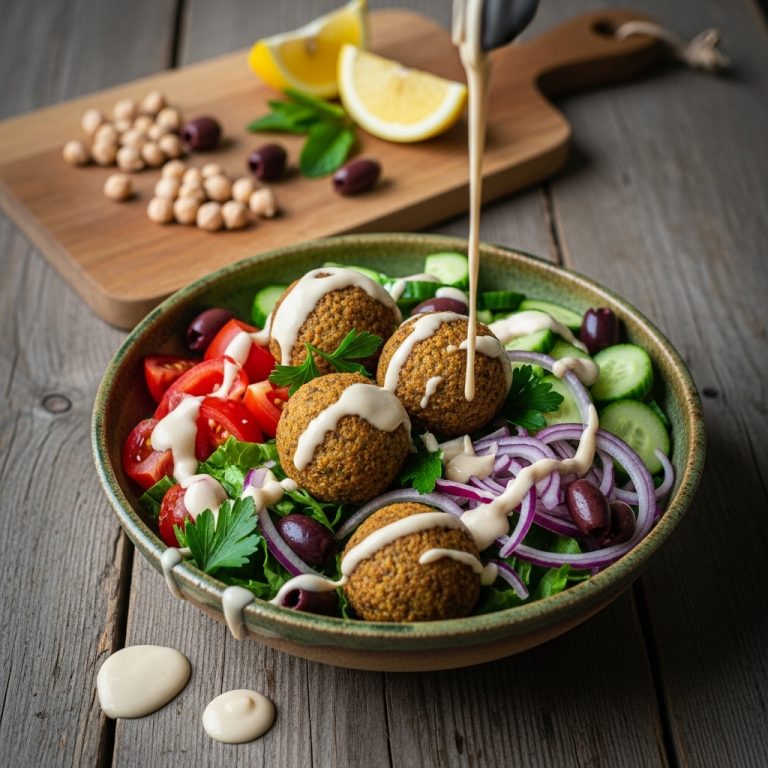 “Delightful Israeli Lunch: Gluten-Free Falafel Salad Bowl with Creamy Tahini Dressing”