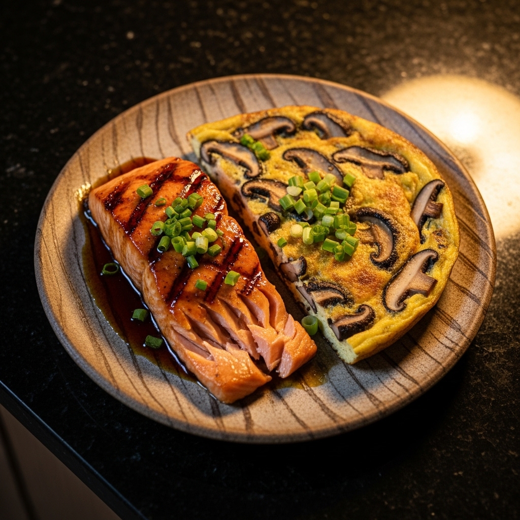 “Delightful Japanese Paleo Breakfast: Grilled Salmon Teriyaki with Shiitake Mushroom Frittata”