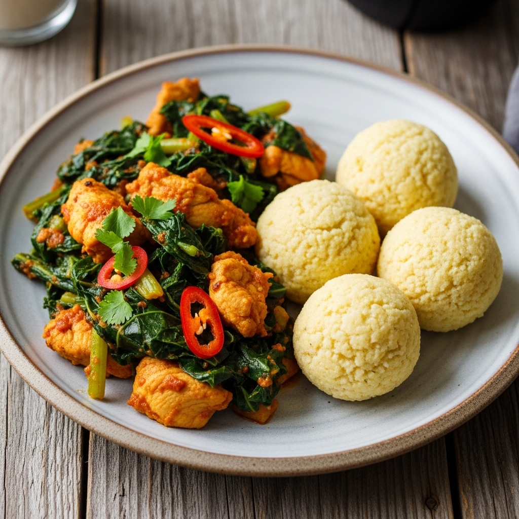 Delightful Kenyan Gluten-Free Dinner Feast: Spicy Chicken Sukuma Wiki Stir-Fry & Mashed Ugali Balls