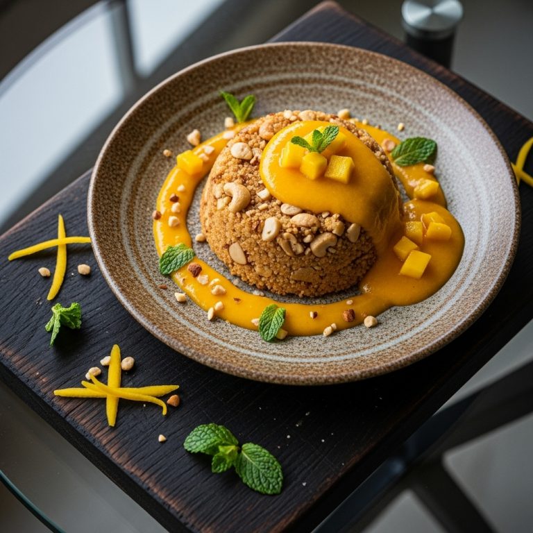 Delightful Kenyan Vegetarian Dessert: Nutty Semolina Pudding with Mango Coulis