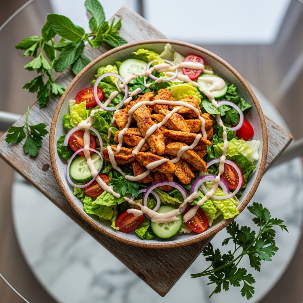 “Delightful Keto-Friendly Lebanese Lunch: Chicken Shawarma Salad with Tahini Dressing”