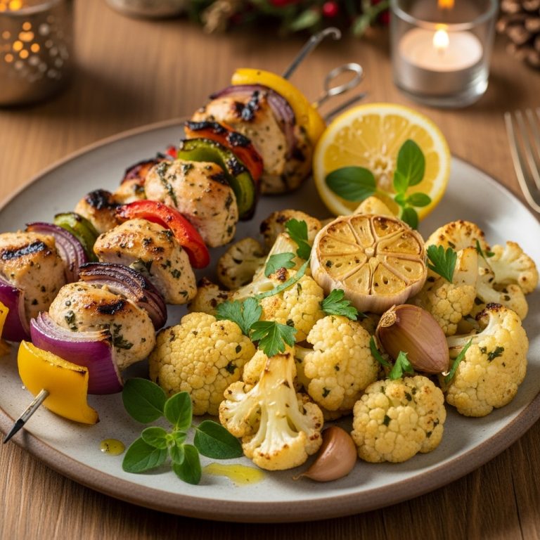 “Delightful Keto Greek Dinner Featuring Lemon Herb Chicken Skewers and Garlic Roasted Cauliflower”