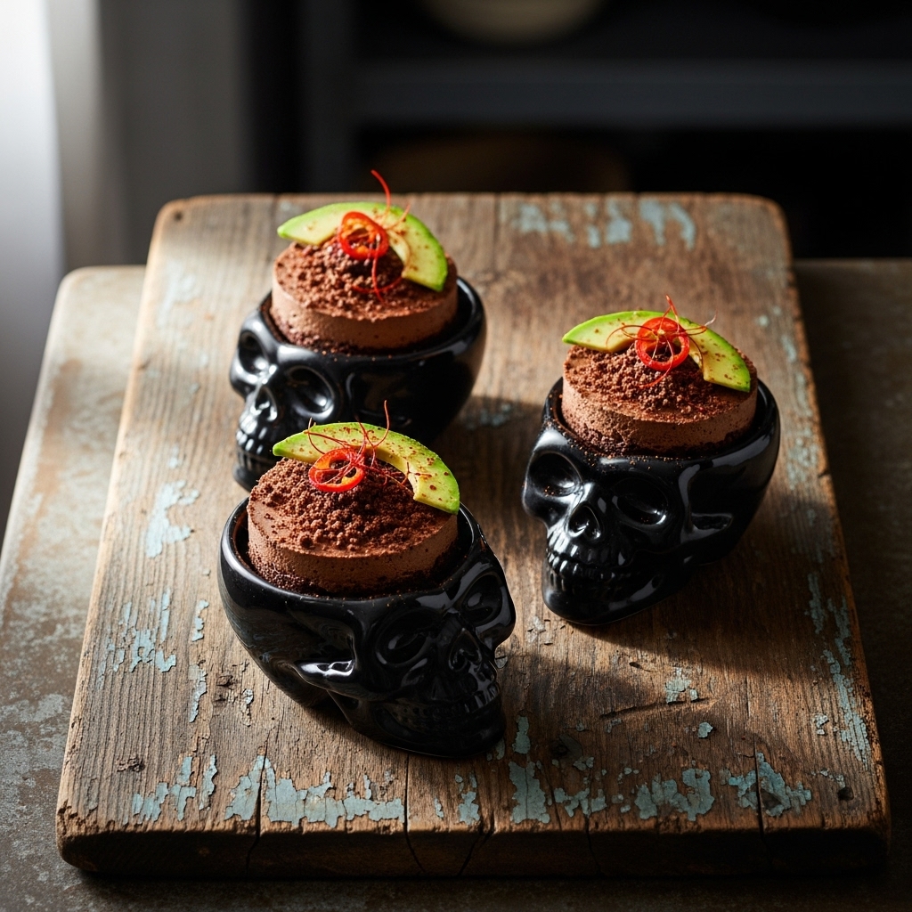 “Delightful Keto Tex-Mex Chocolate Mousse Torte in Mini Skull Bowls”