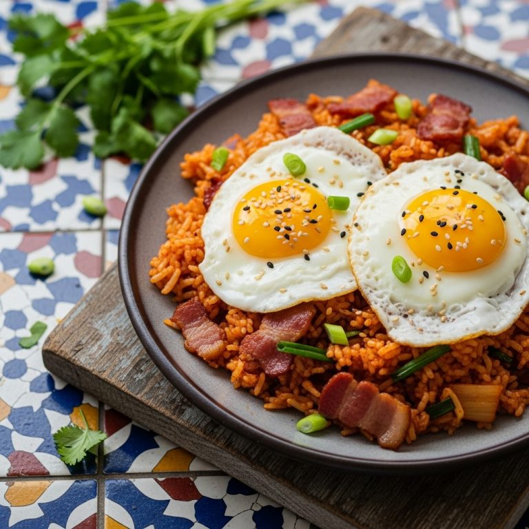 “Delightful Korean Brunch: Paleo Kimchi Fried Rice with Bacon and Eggs”