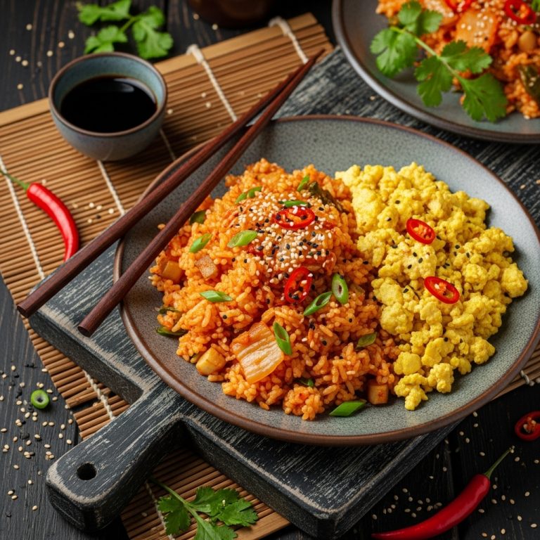 “Delightful Korean Vegetarian Brunch: Spicy Tofu Scramble with Kimchi Fried Rice”