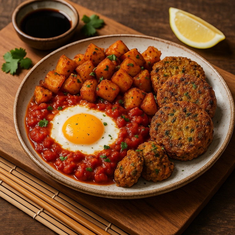 Delightful Moroccan Brunch Platter: Shakshuka with Harissa-Spiced Potatoes & Quinoa Fritters