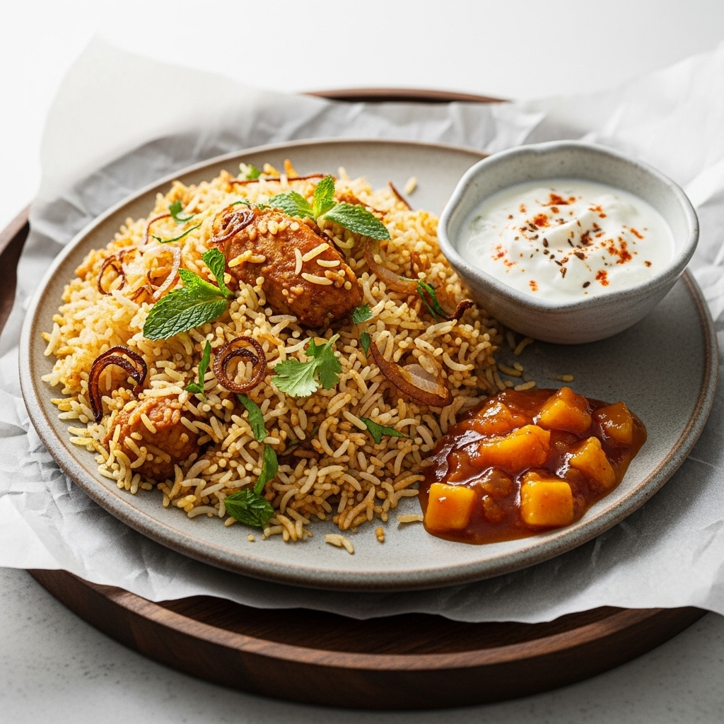 Delightful Pakistani Lunch: Gluten-Free Chicken Biryani with Raita & Mango Chutney