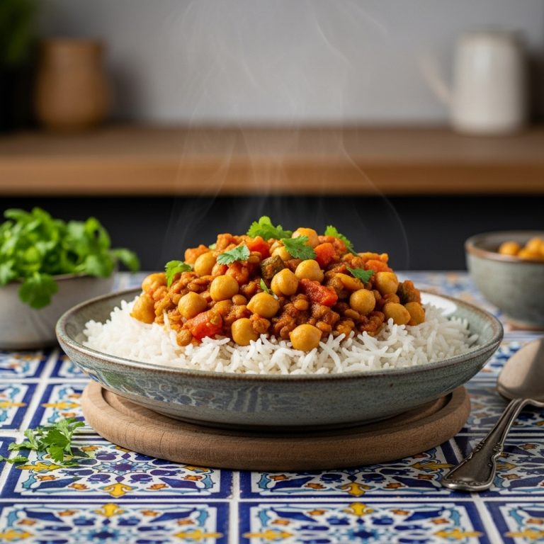 “Delightful Pakistani Vegan Rice & Lentil Bowl: Aromatic Basmati Rice with Spicy Mixed Vegetables & Chickpea Curry”