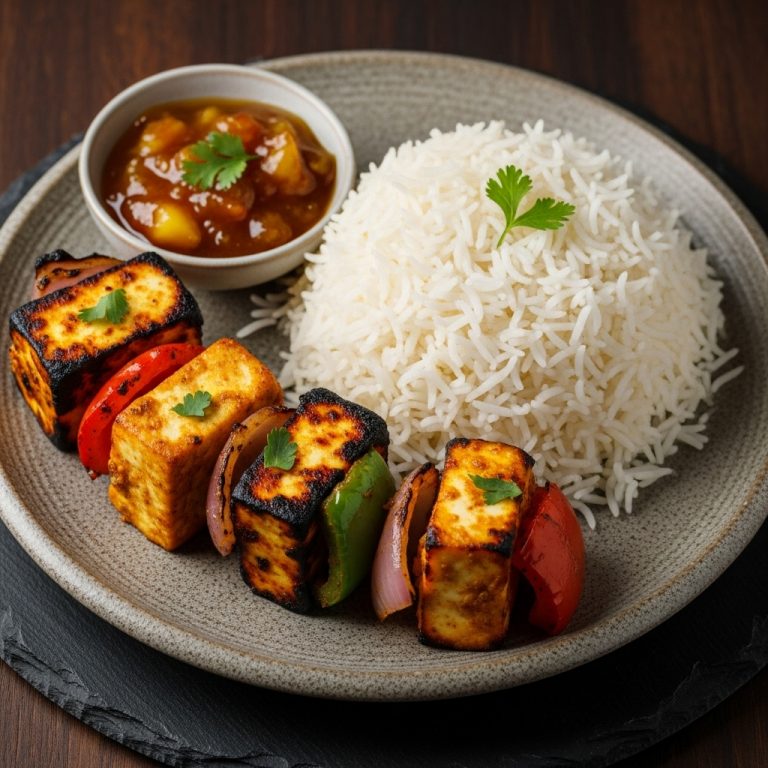 Delightful Pakistani Vegetarian Dinner: Aromatic Paneer Tikka & Fluffy Basmati Rice with Mango Chutney