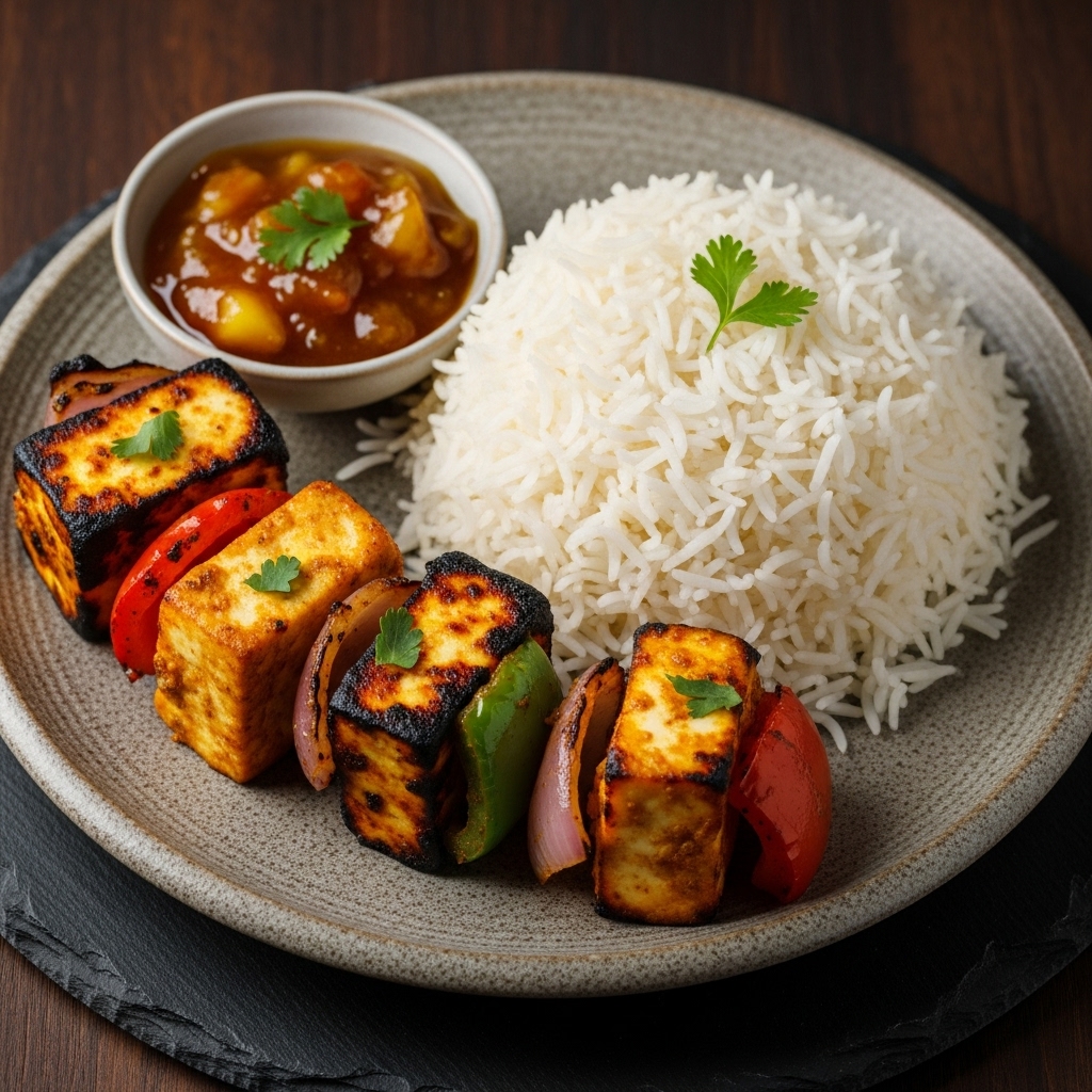 Delightful Pakistani Vegetarian Dinner: Aromatic Paneer Tikka & Fluffy Basmati Rice with Mango Chutney
