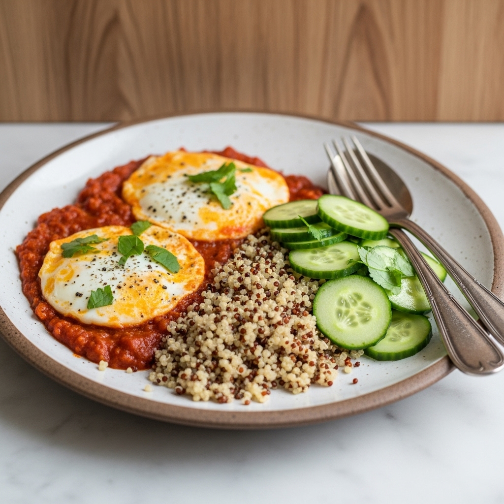 “Delightful Persian Paleo Brunch: Herb-Infused Shakshuka with Spiced Quinoa & Zesty Cucumber Salad”