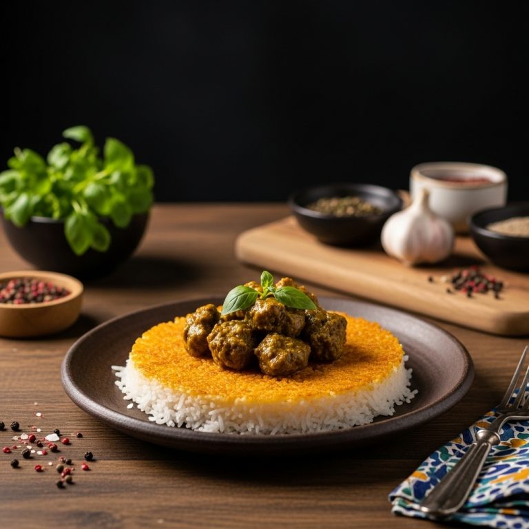 “Delightful Persian Snack: Gluten-Free Khoresht-e-Fesenjan Served on a Bed of Crispy Rice”