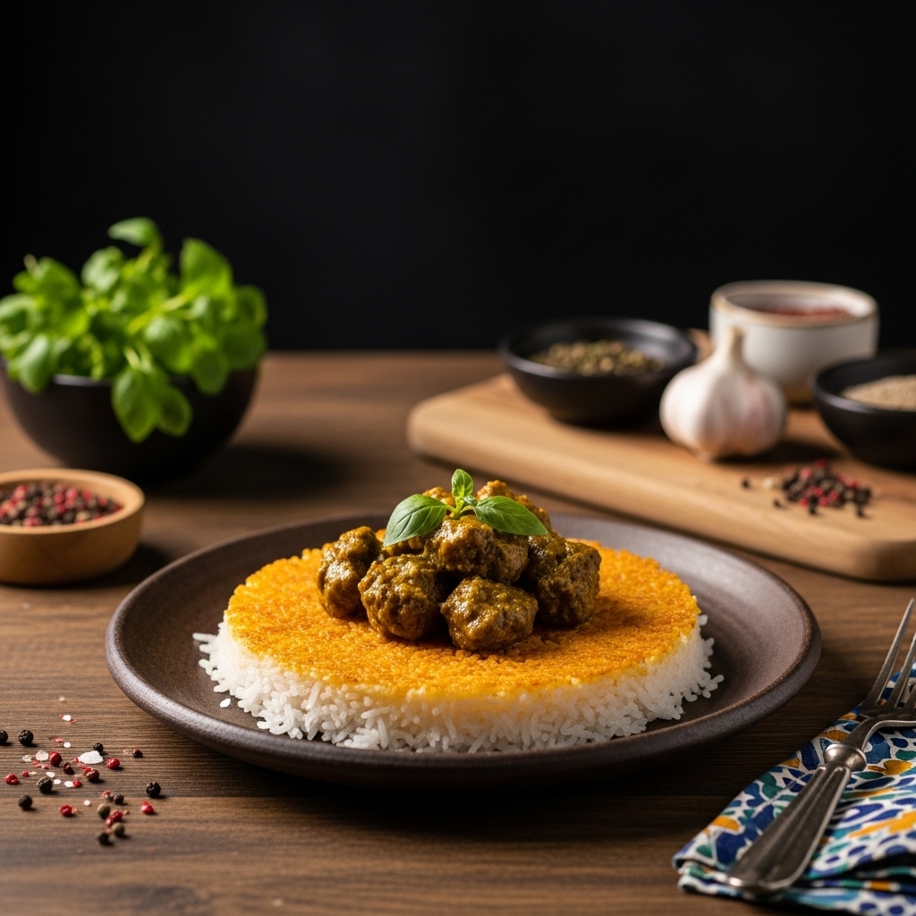 “Delightful Persian Snack: Gluten-Free Khoresht-e-Fesenjan Served on a Bed of Crispy Rice”