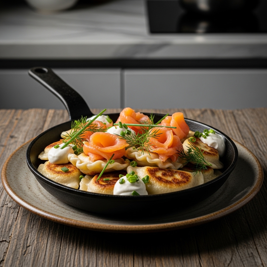 Delightful Polish Breakfast: Scrumptious Pierogi Skillet with Smoked Salmon