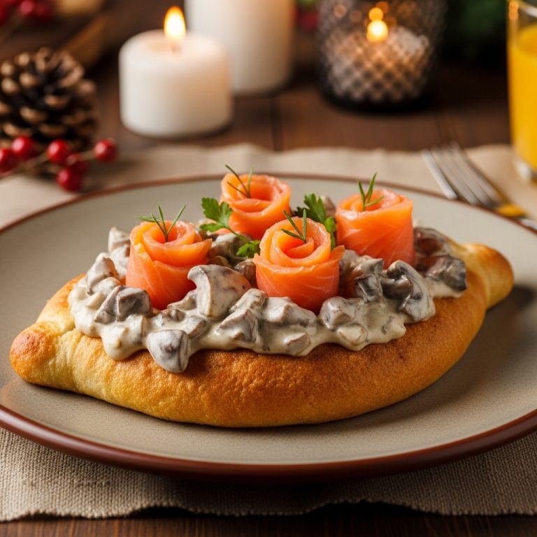 Delightful Polish Brunch: Aromatic Zapiekanka Bread with Creamy Mushroom Sauce & Smoked Salmon Pinwheels (Gluten-Free Option)