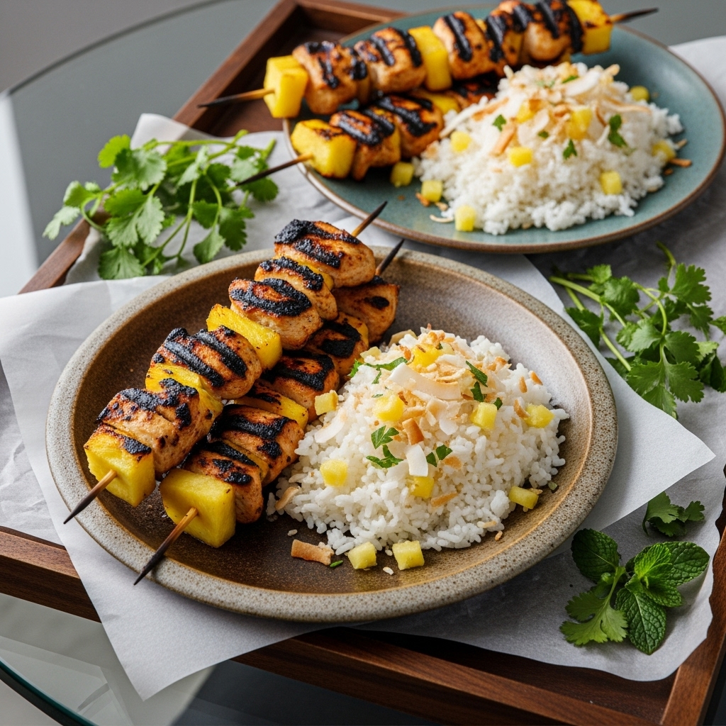 “Delightful Polynesian Paleo Luau Feast: Mouthwatering Grilled Chicken Skewers and Fresh Pineapple-Coconut Rice”