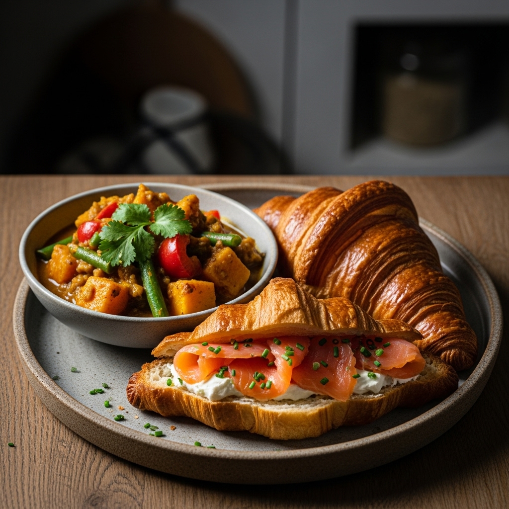 Delightful South African Brunch: Cape Malay Vegetable Curry with Smoked Salmon Croissants