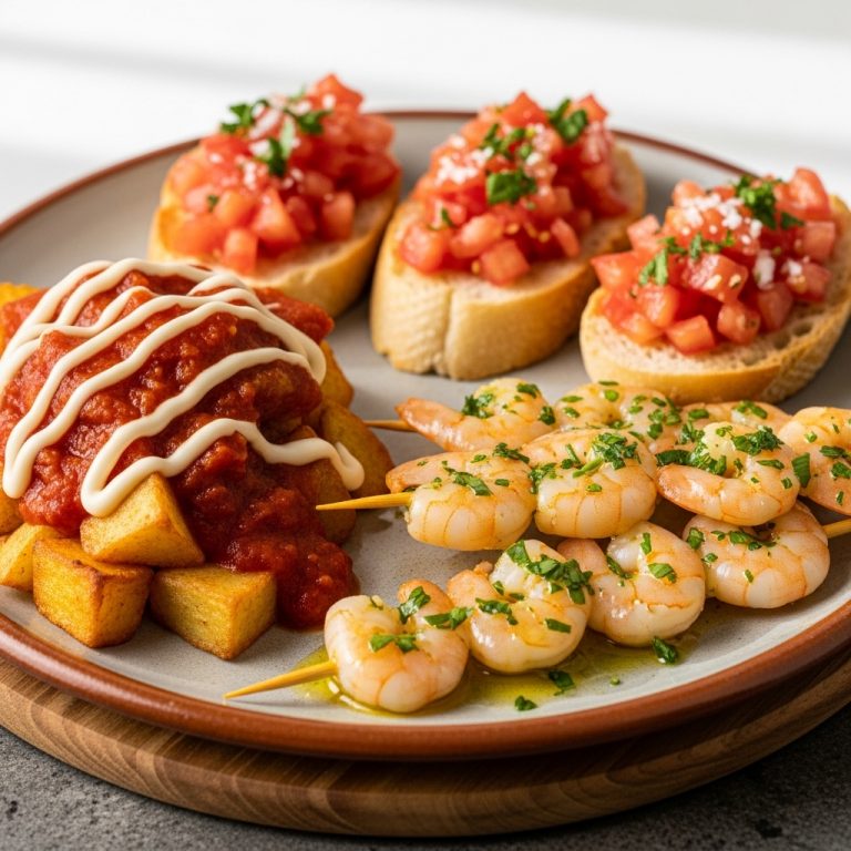 “Delightful Spanish Tapas Platter: Patatas Bravas, Pan Con Tomate, and Garlic Shrimp Skewers”