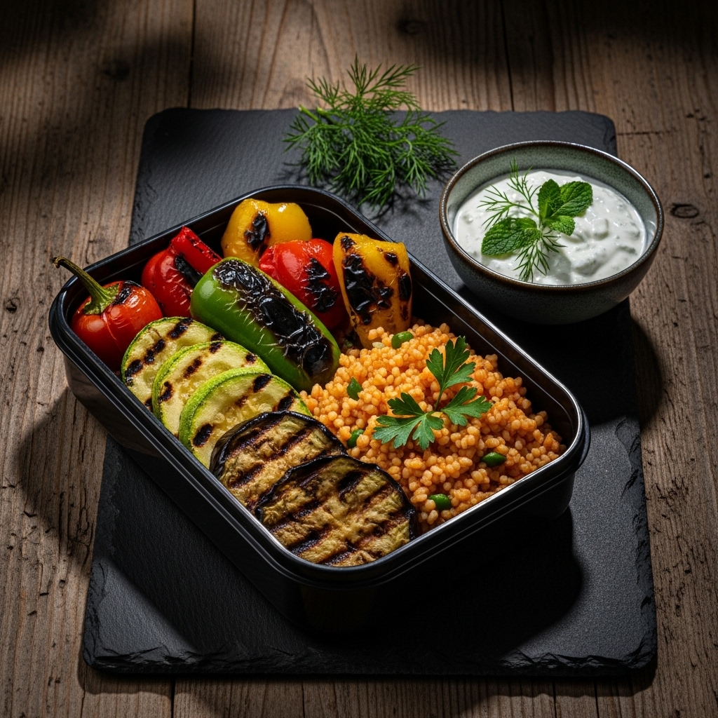 Delightful Turkish Lunch Box: Grilled Vegetables, Herbed Yogurt, and Creamy Bulgur Pilaf