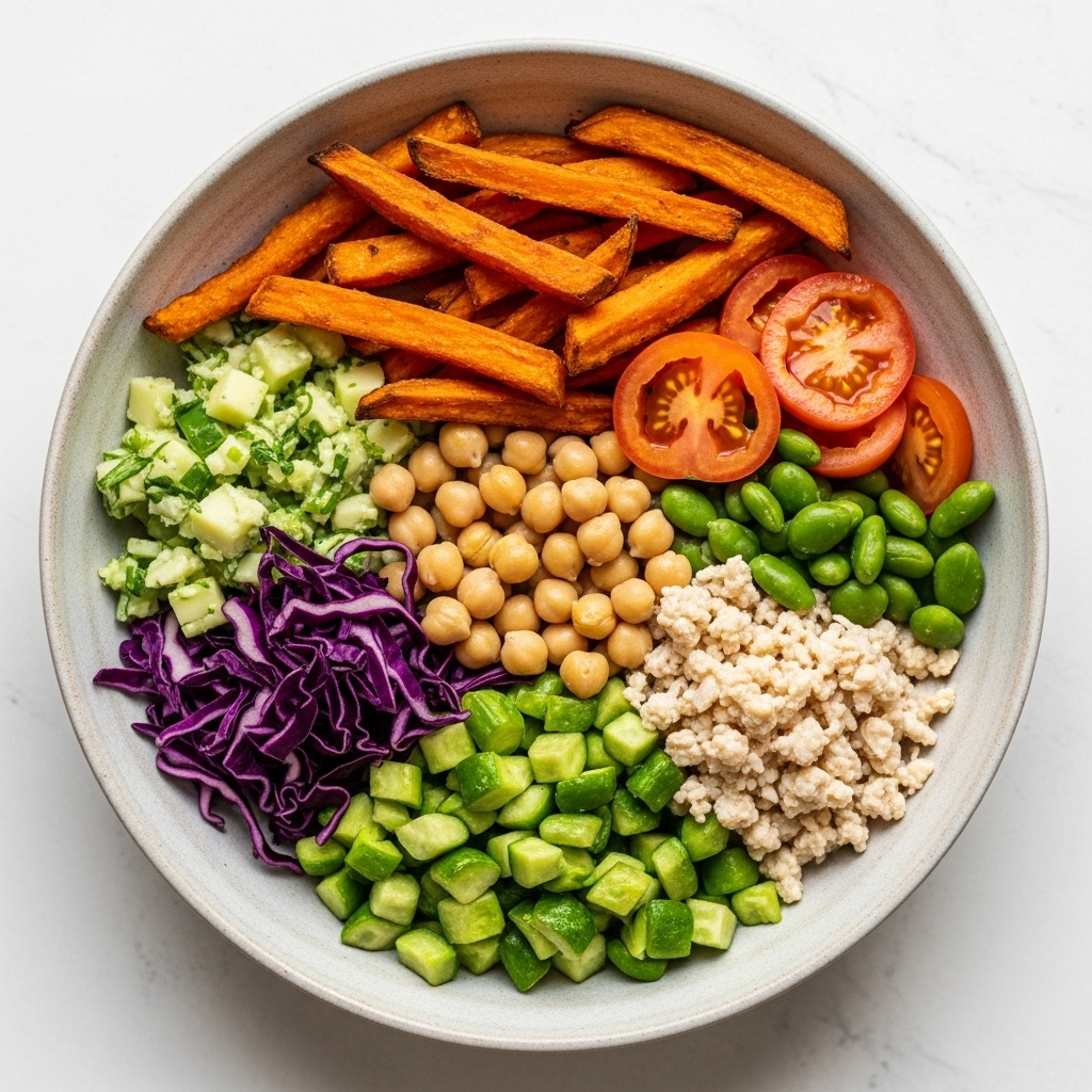 “Delightful Vegan Chickpea Salad Bowl with Sweet Potato Fries – A Perfect Balance of Flavors and Textures”