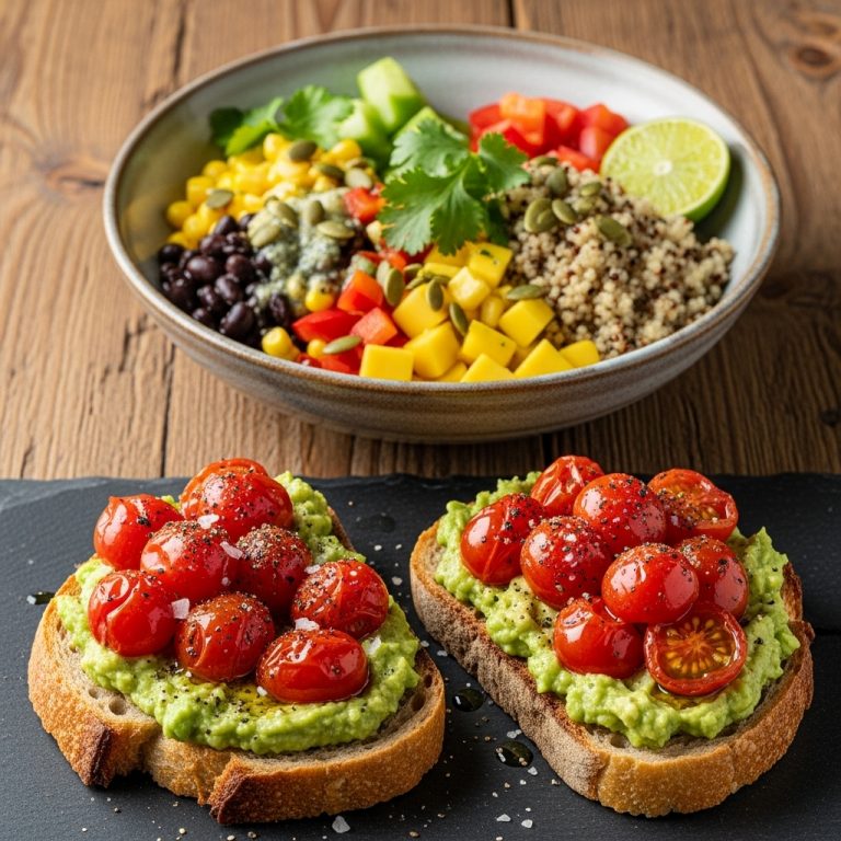 Delightful Vegan Chilean Breakfast: Avocado Toast with Roasted Tomatoes & Quinoa Bowl