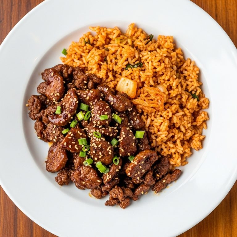 Delightful Vegan Korean BBQ Banquet: Succulent Bulgogi Seitan and Spicy Kimchi Fried Rice