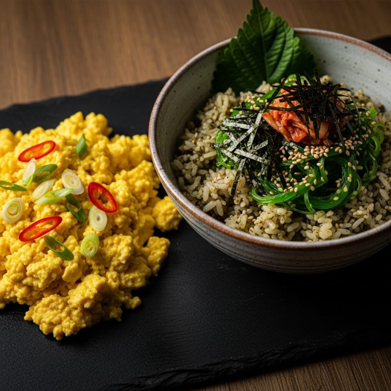 “Delightful Vegan Korean Brunch: Miso Tofu Scramble and Savory Seaweed Rice Bowl”